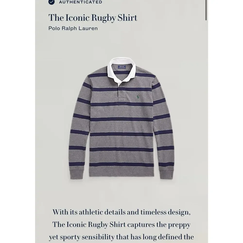 Iconic Rugby Shirt Polo Ralph Lauren Men's Medium Classic Fit Grey Blue Stripes